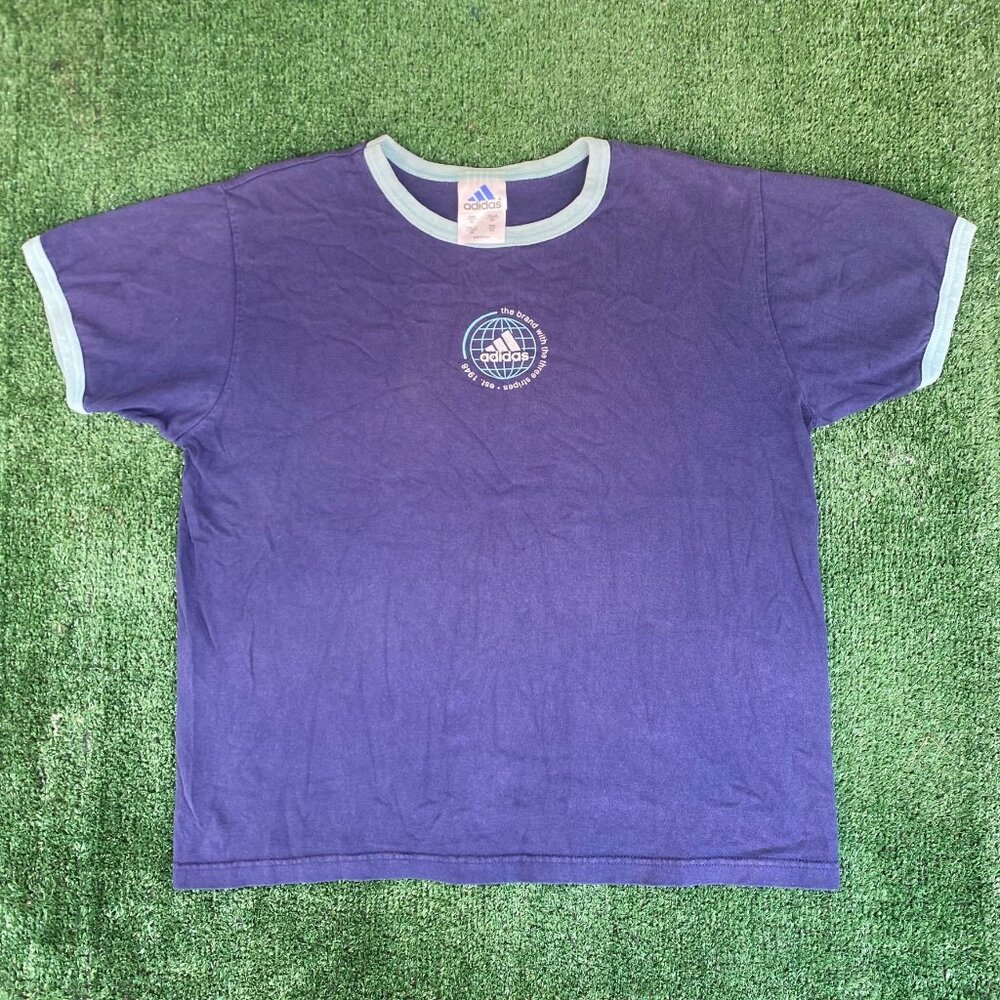 Vintage 90s Adidas Center Logo Ringer T-Shirt Boxy Navy Athletic Streetwear